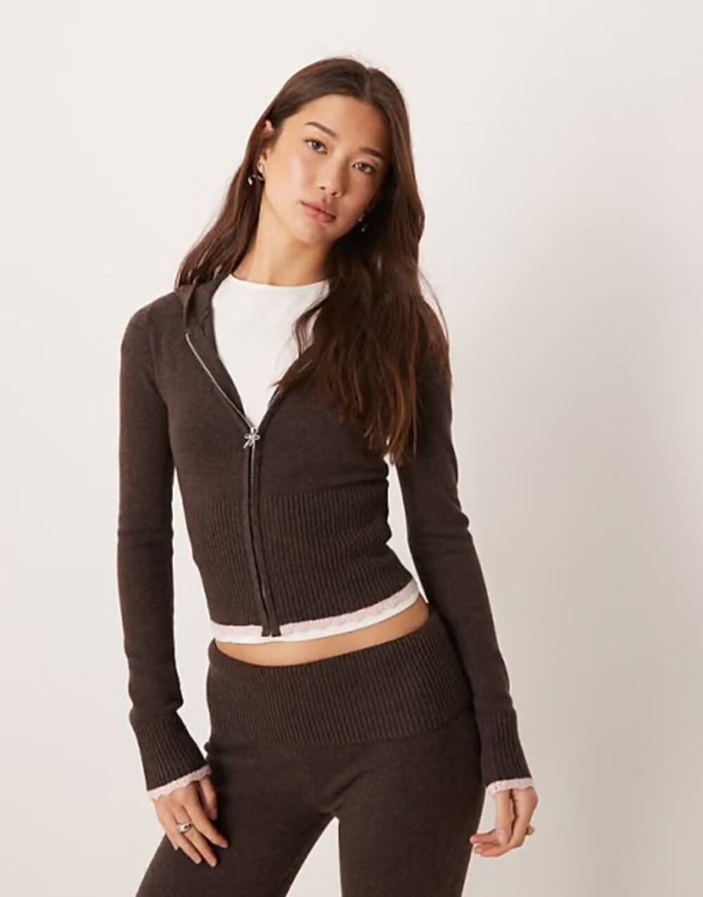 New Preppy Girlycore Scalloped Lace Hems Lightweight Cable Knit Zip-Up Jacket